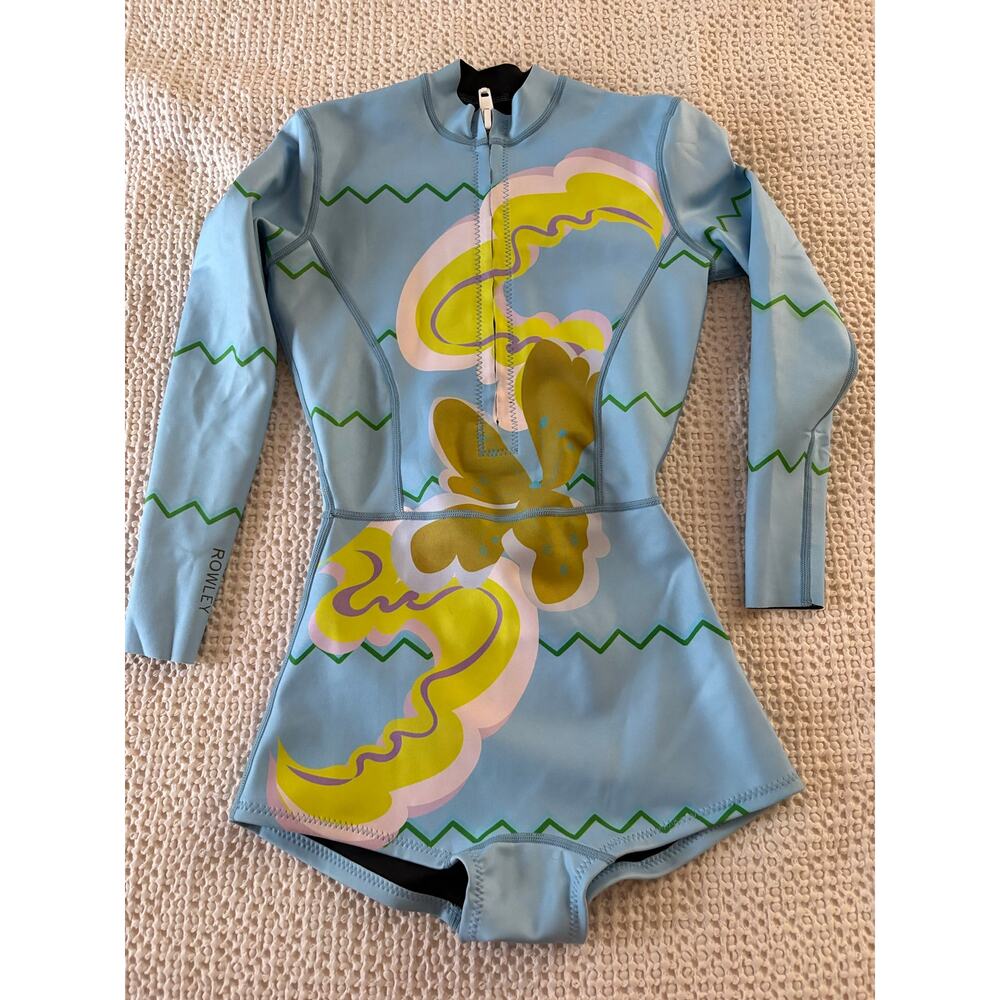 Cynthia Rowley Bowie Wetsuit Blue Floral Zigzag Wave Long Sleeve Shorty small - Picture 4 of 10